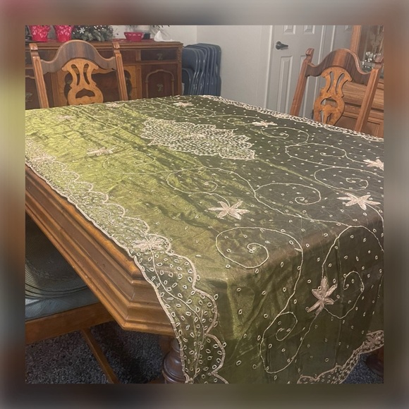 Sheer Gossamer Embroidered Tablecloth – Gold Thread Detail – 42” × 83”